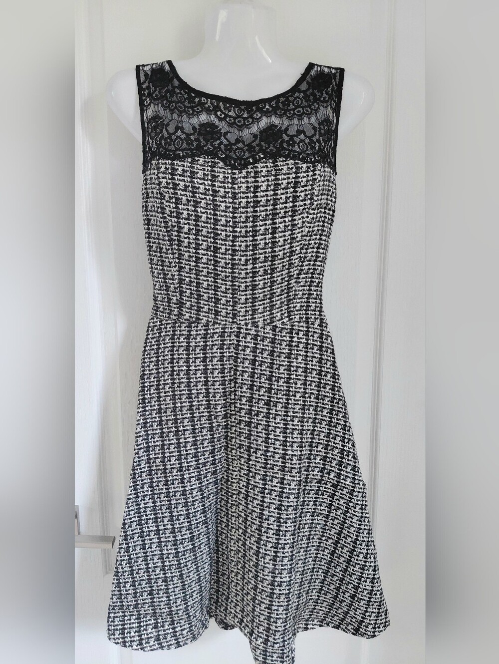Black & White Lace-Top Tweed Fit-and-Flare Dress